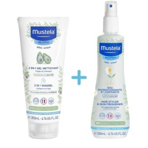 Mustela 2 en 1 gel nettoyant corps et cheveux + eau rafraîchissante et coiffante à la camomille