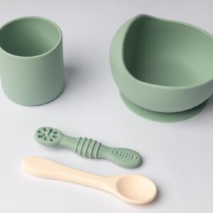 YUMMY Coffret Repas en Silicone - Bol Verre Deux Cuillères - 4M+ Vert Pastel