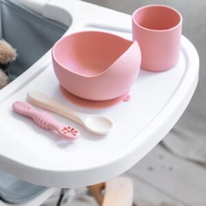 YUMMY Coffret Repas en Silicone - Bol Verre Deux Cuillères - 4M+ Rose Poudre