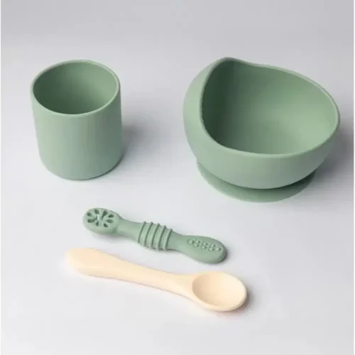 YUMMY Coffret Repas en Silicone - Bol Verre Deux Cuillères - 4M+ Vert Pastel