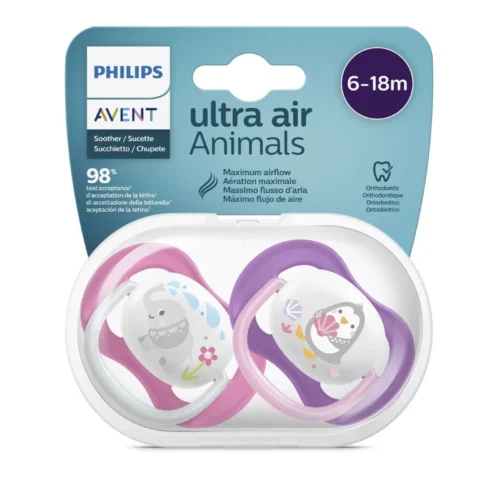 Avent Lot de 2 Sucettes Ultra Air Pingouin Et Éléphant 6-18m Fille